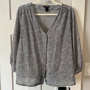 H&M Black & White Abstract Print Button-up 3/4 Sleeve Top, 8